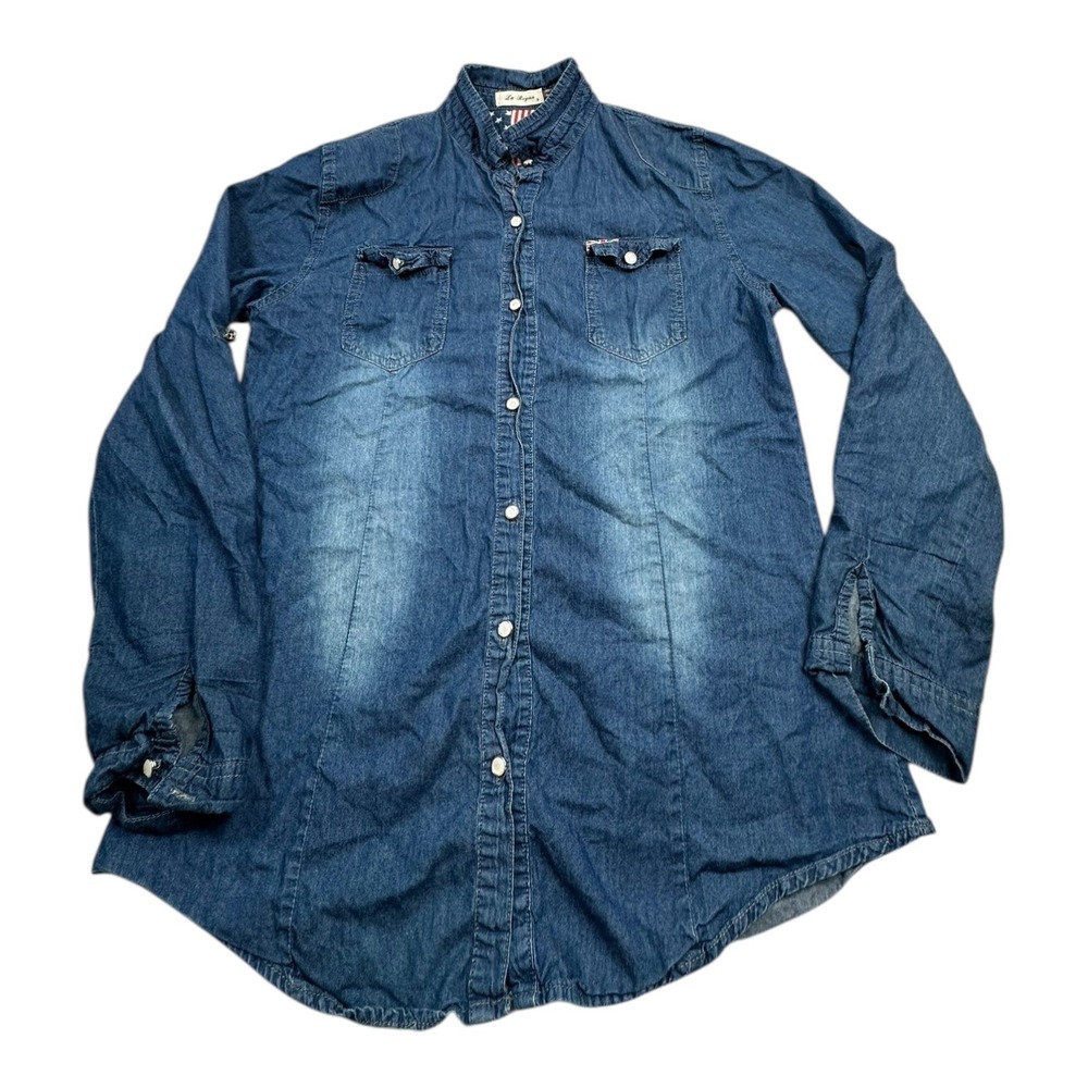 La Reyna‎ Denim Shirt Women's Long Sleeve Button Up US Flag Lining Size S